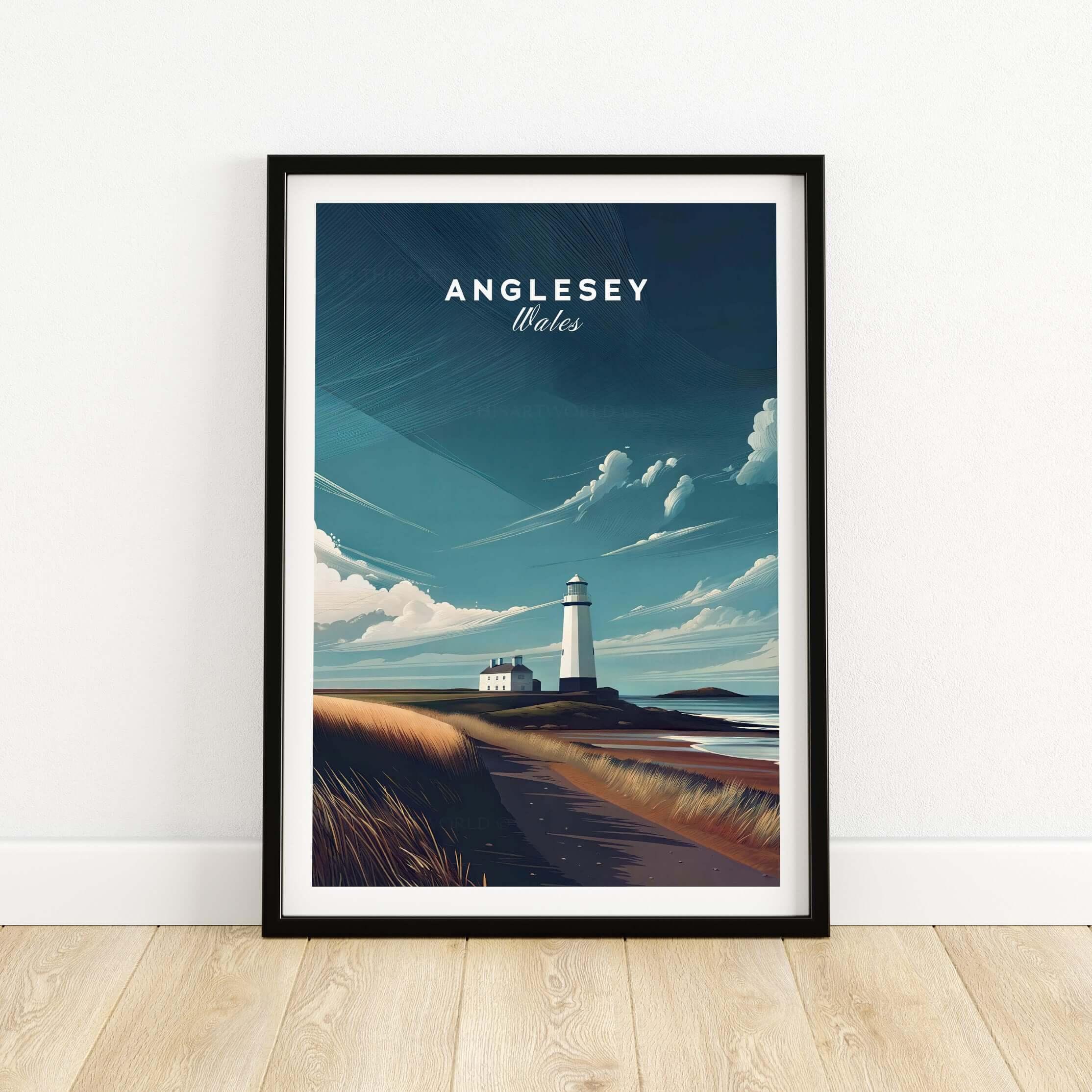 Anglesey Wales travel poster print with lighthouse and coastal landscape in black frame