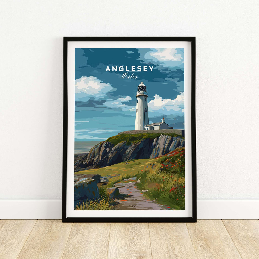 Anglesey Wales lighthouse print on cliffs, showcasing coastal beauty and adventure in wall art.