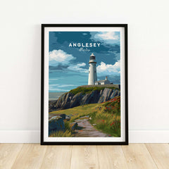 Anglesey Wales lighthouse art print in black frame, coastal landscape wall decor