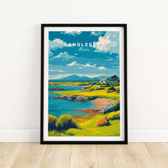 Anglesey Wales travel print in black frame, colorful coastal landscape wall art
