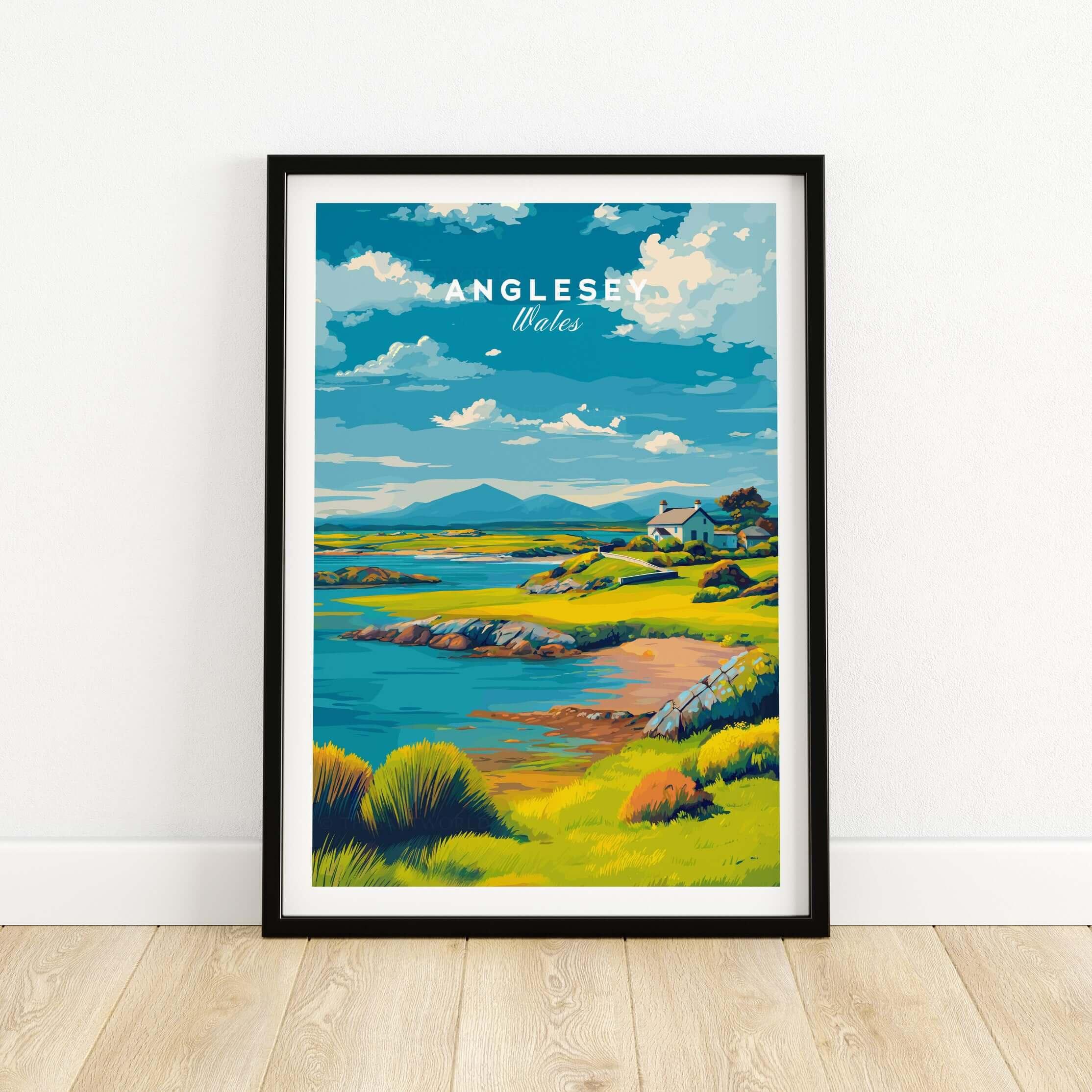 Anglesey Wales travel print in black frame, colorful coastal landscape wall art