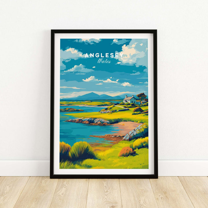 Anglesey Wales green coastline print showcasing serene landscape and vibrant colors on a wall.