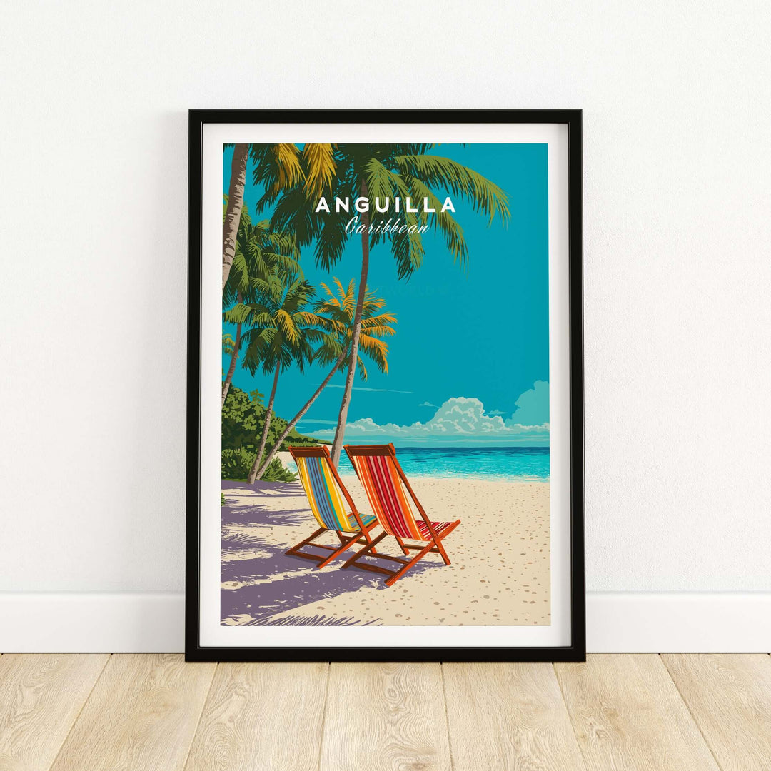 Anguilla Caribbean wall art print featuring vibrant beach scene with colorful deck chairs and tropical palm trees.