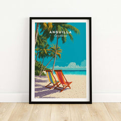 Anguilla Caribbean art print with palm trees, beach chairs, and turquoise ocean in black frame