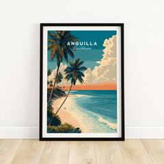 Anguilla travel poster art print with palm trees and sunset beach in black frame