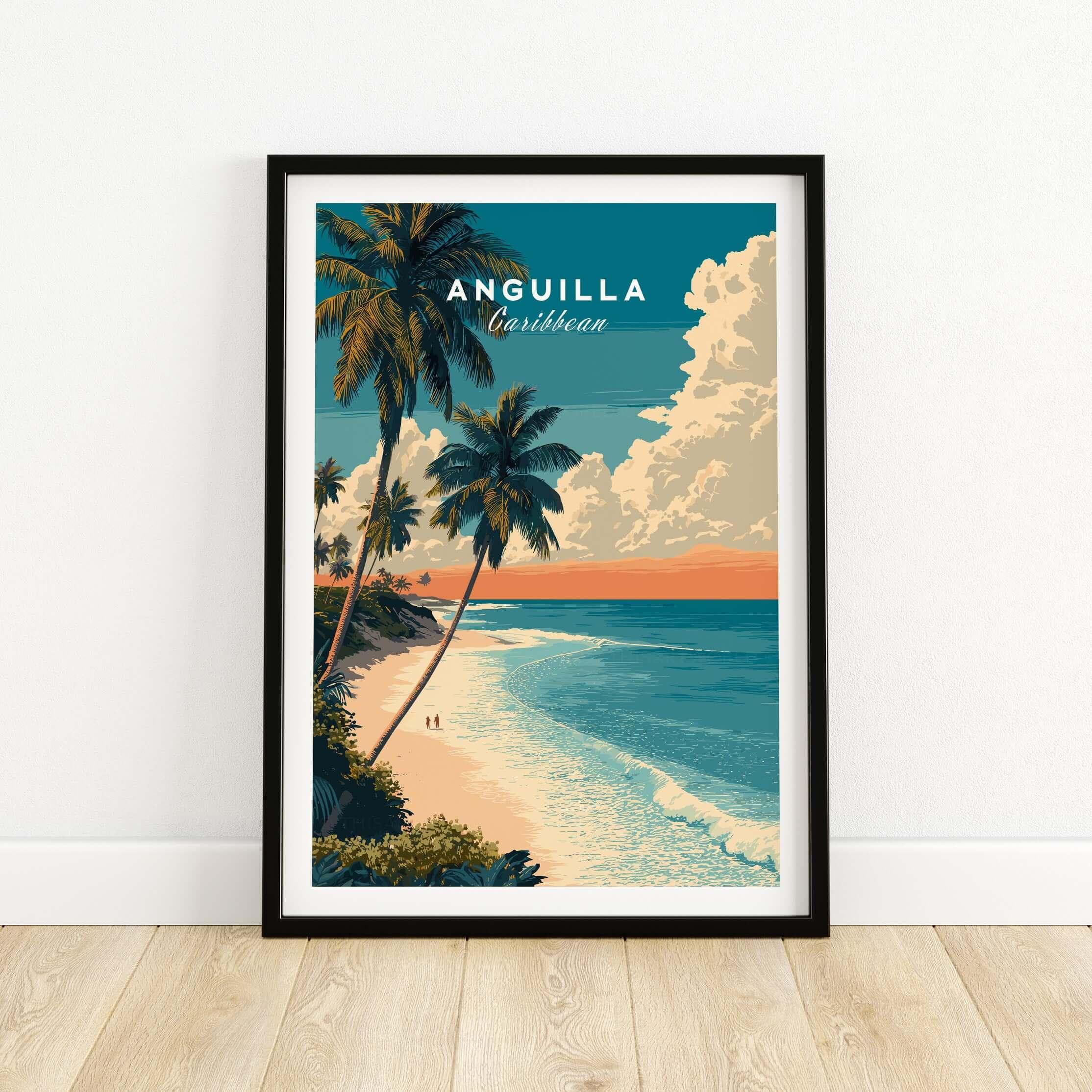 Anguilla travel poster art print with palm trees and sunset beach in black frame