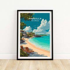 Anguilla travel poster in black frame, featuring tropical beach, turquoise water, and clouds.