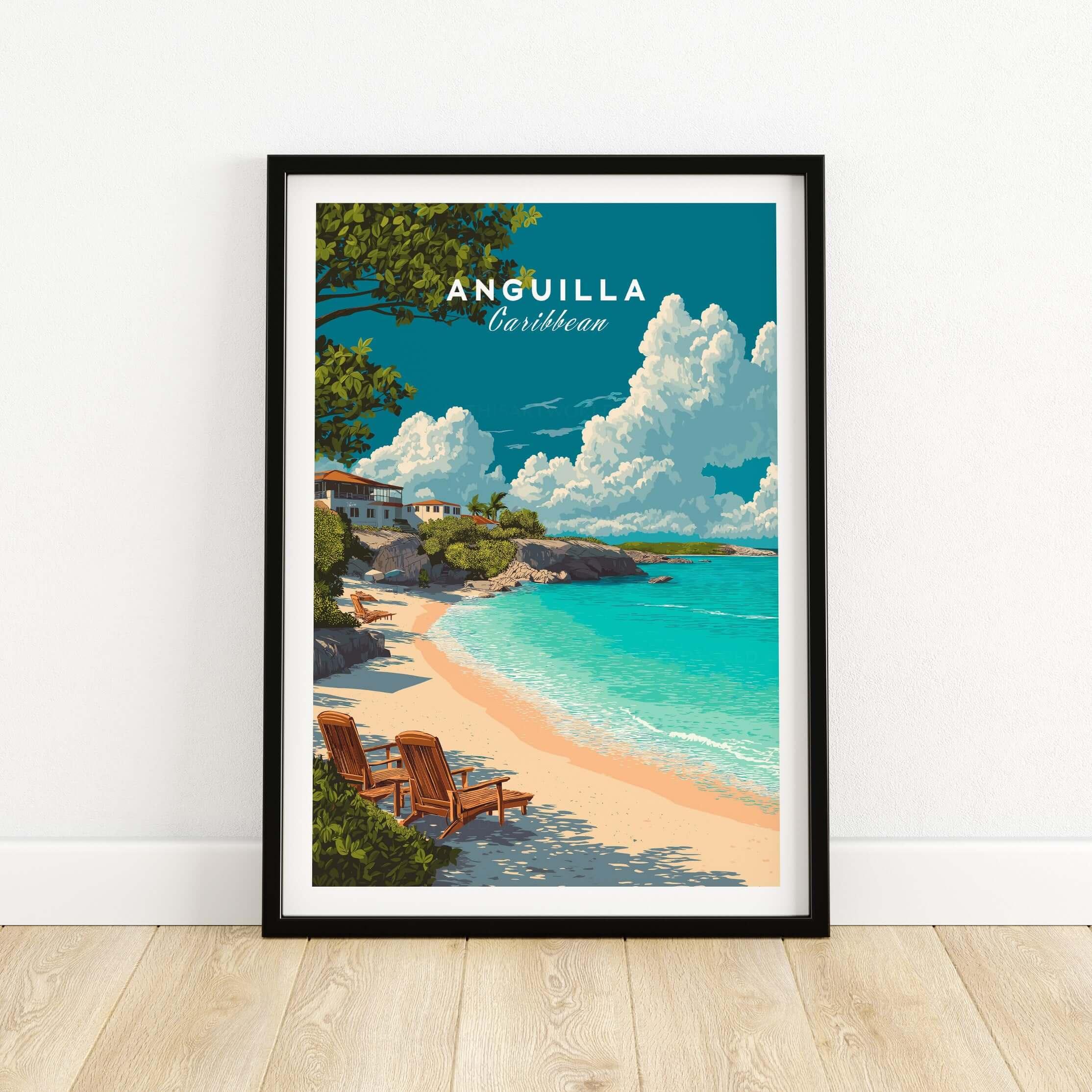 Anguilla travel poster in black frame, featuring tropical beach, turquoise water, and clouds.