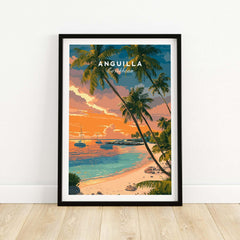 Anguilla Poster Caribbean Sunset Poster - Vibrant Beach Scene Art depicting a serene tropical sunset with palm trees and boats.