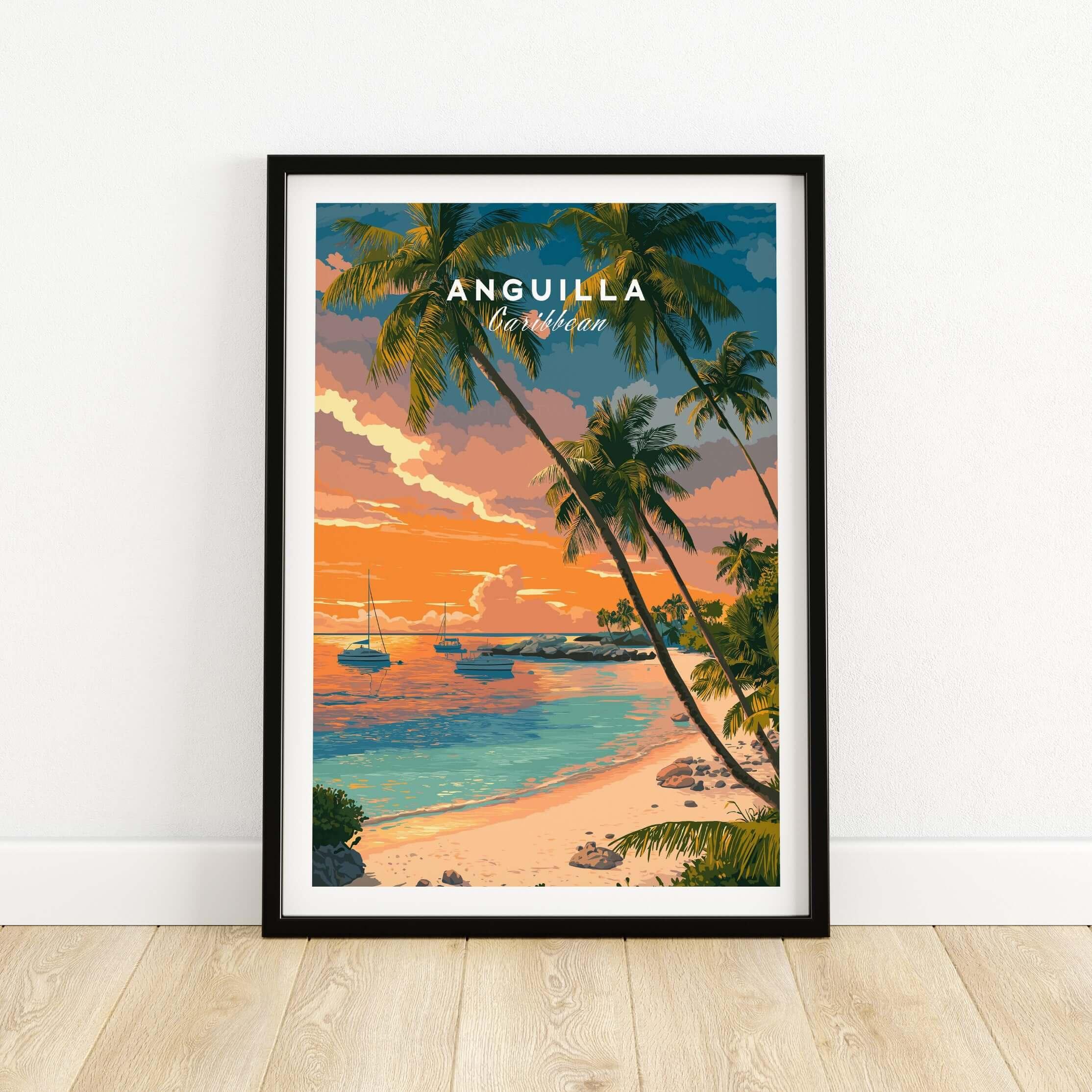 Anguilla Poster Caribbean Sunset Poster - Vibrant Beach Scene Art depicting a serene tropical sunset with palm trees and boats.