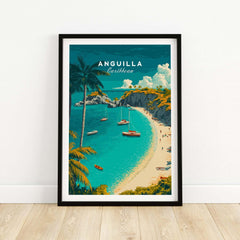 Anguilla Travel Poster -  Caribbean Wall Art featuring stunning beaches and vibrant tropical scenery.