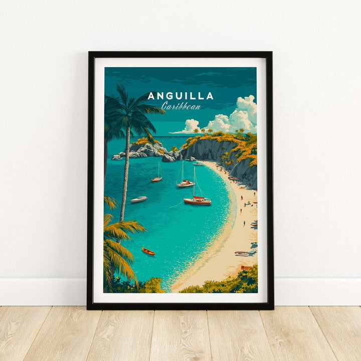 Anguilla travel poster featuring Caribbean beach scene with boats and palm trees for home décor.