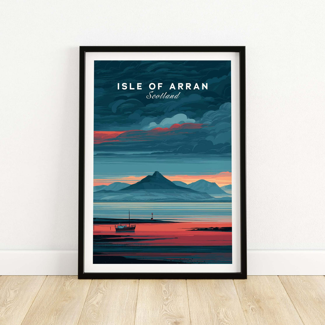 Isle of Arran print featuring a vivid sunset over Scottish mountains and a serene seascape.