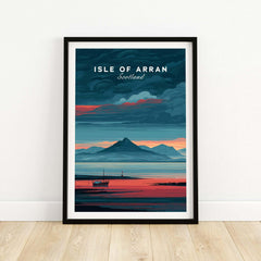Isle of Arran Print Scotland Mountain Sunset - Dramatic Scottish Landscape Art featuring a vibrant view of the Isle.