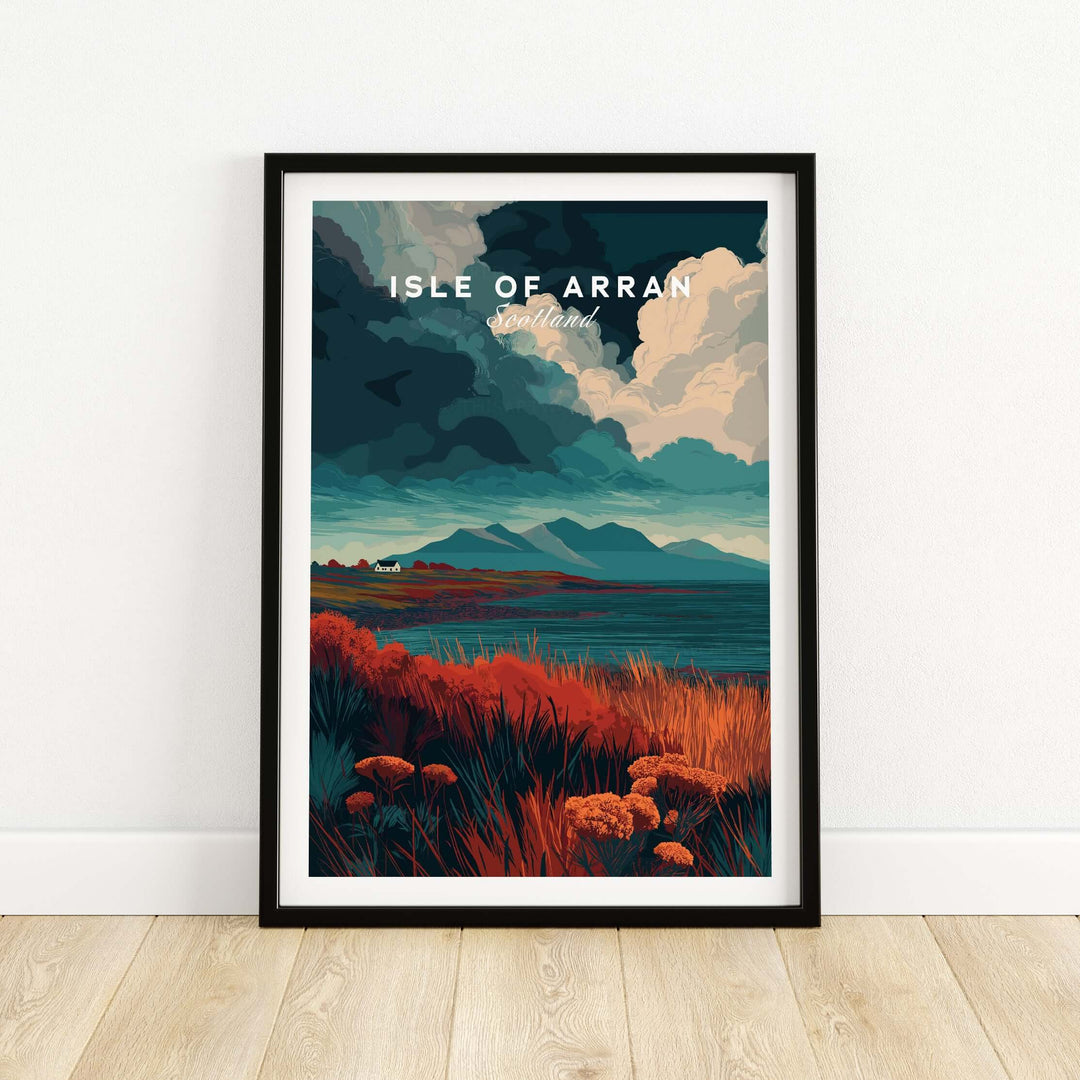 Isle of Arran wall art print featuring rugged Scottish Highlands and dramatic skies in vibrant colors.