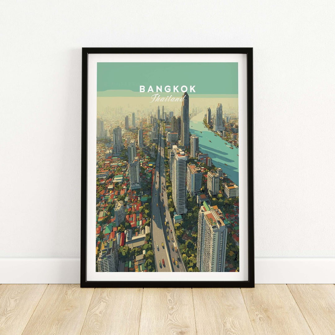 Bangkok Thailand city skyline poster featuring high-rise buildings and vibrant urban landscape.