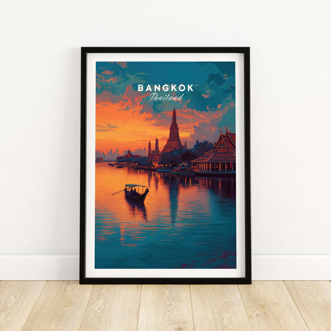 Bangkok Thailand Wat Arun sunset reflection print showcasing Temple of Dawn and serene waters.