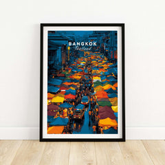 Bangkok Thailand Night Market Overhead Poster - Bustling Street Scene Print featuring colorful stalls and vibrant atmosphere.