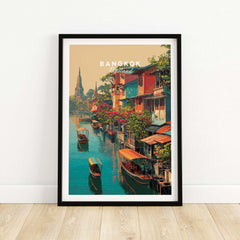 Bangkok Thailand Klong Canal Houses Print - Traditional Thai Village Wall Art featuring canal-side homes and boats.