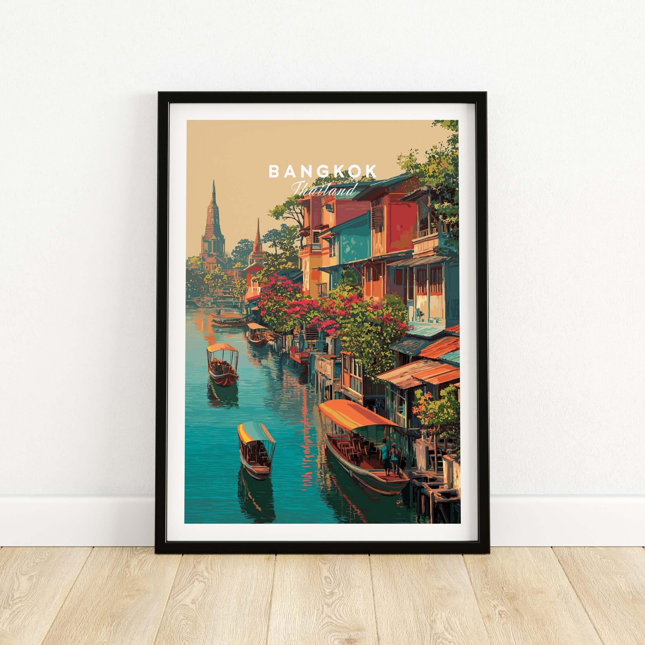 Bangkok Thailand Klong Canal Houses Print - Traditional Thai Village Wall Art featuring canal-side homes and boats.