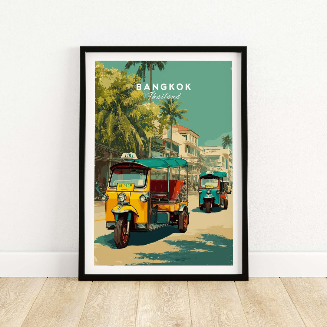 Bangkok tuk tuk poster featuring vibrant street scene and palm trees, perfect for wall art enthusiasts.