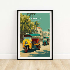 Bangkok Thailand Tuk Tuk City Street Poster - Wall Art framed poster featuring vibrant tuk tuks and cityscape.
