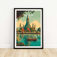 Bangkok Poster Thailand Wat Arun River Scene Print - Grand Temple Wall Art showcasing a serene river scene and intricate temple architecture.