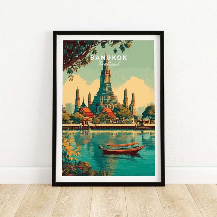 Bangkok poster featuring Wat Arun temple with serene river scene, vibrant colors and cultural landmark design.