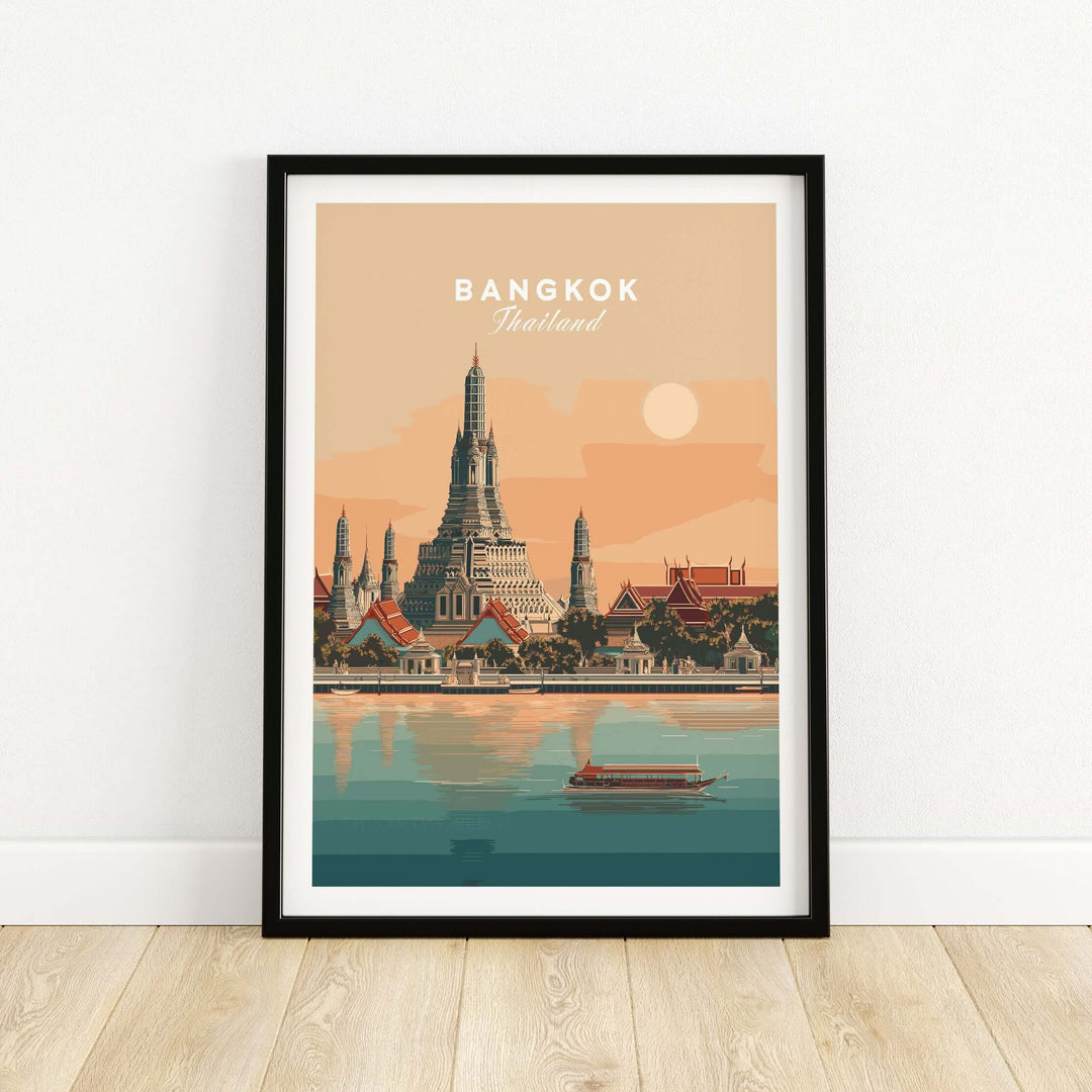 Bangkok print featuring Wat Arun Temple along the Chao Phraya River in a serene sunset setting.