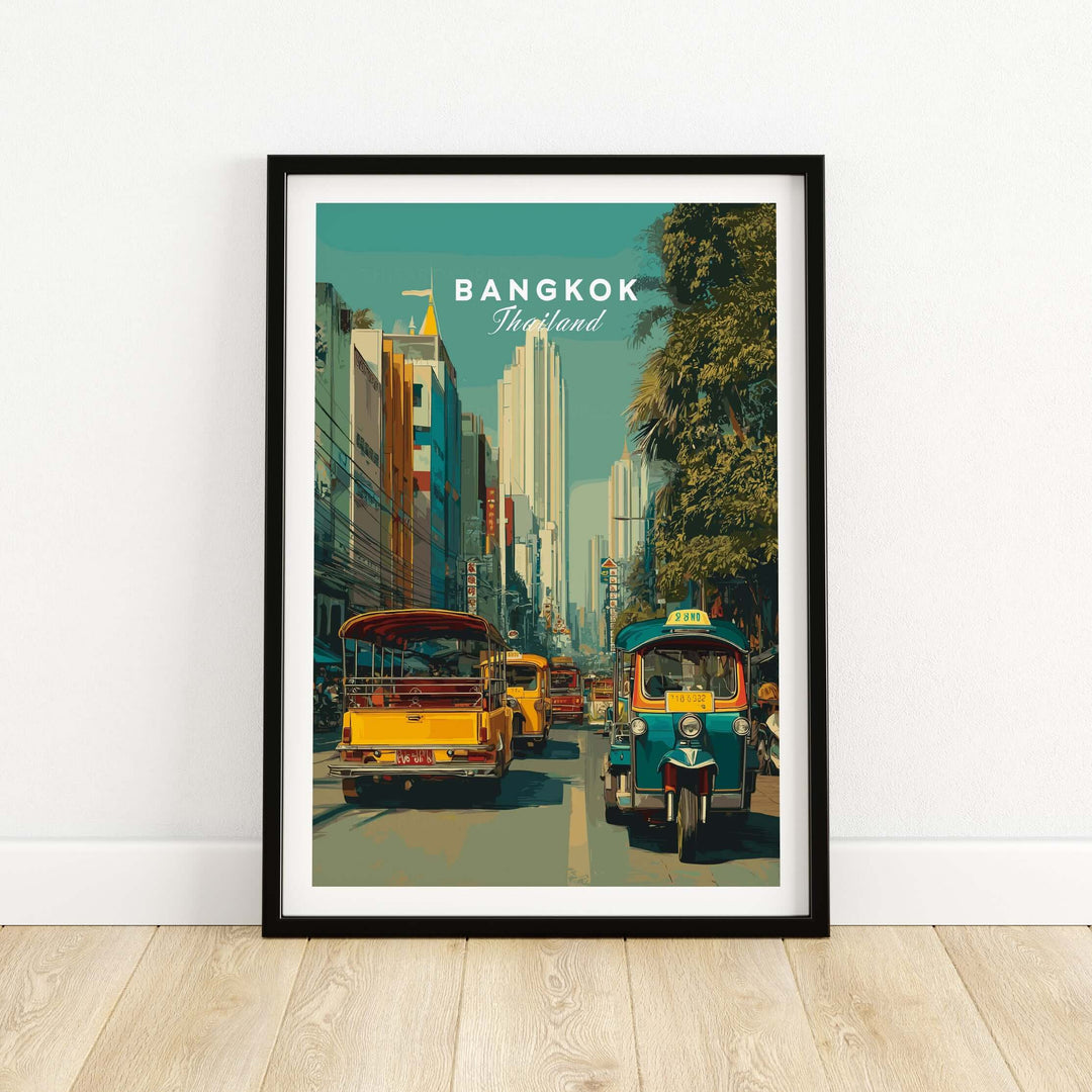 Bangkok Thailand poster featuring vibrant tuk tuk street scene, capturing urban energy and culture.