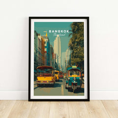 Bangkok Thailand Poster Tuk Tuk Street Scene - Thai Print showcasing vibrant street life and iconic tuk tuks.