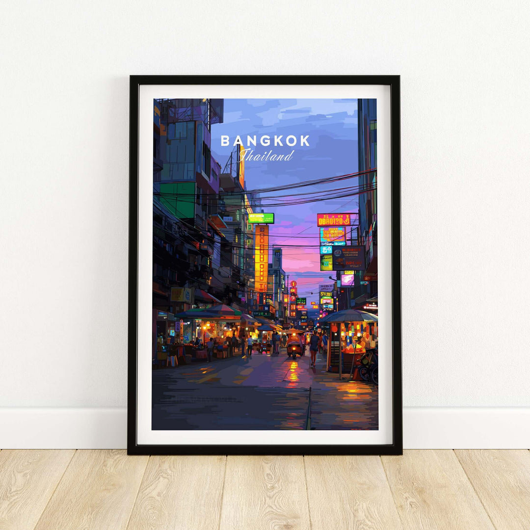 Framed poster of Bangkok night market street, showcasing vibrant cityscape and colorful nightlife in Thailand.