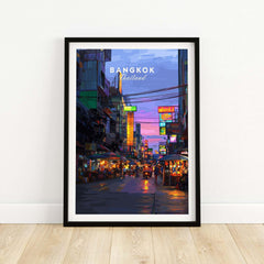 Bangkok Thailand Print Night Market Street -Thai Cityscape Poster featuring a vibrant market scene at dusk.