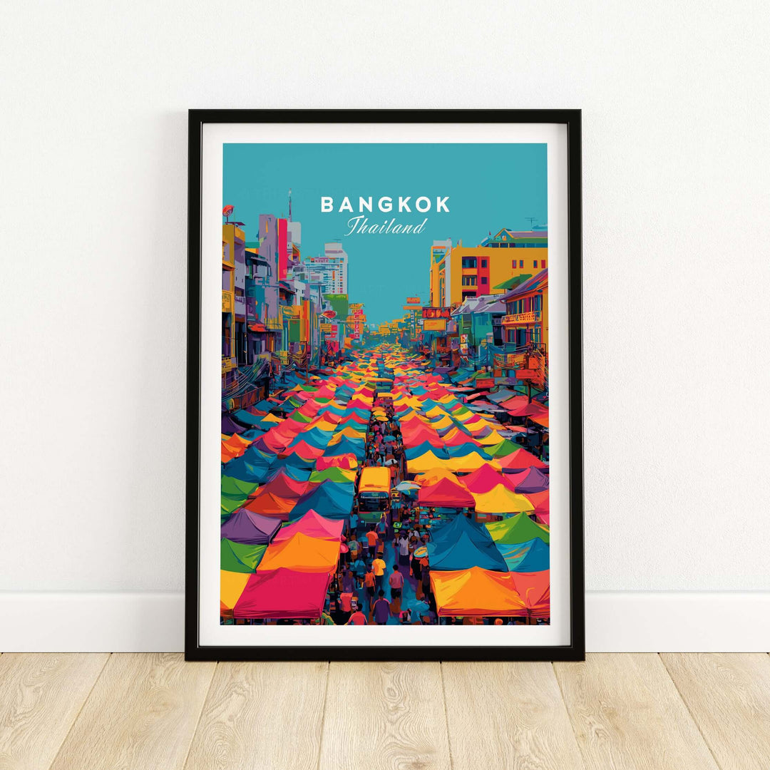 Colorful Bangkok street market poster featuring vibrant tents and lively atmosphere.