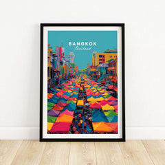 Bangkok Thailand Poster Colorful Market Tents - Vibrant Street Market Print featuring colorful market tents.