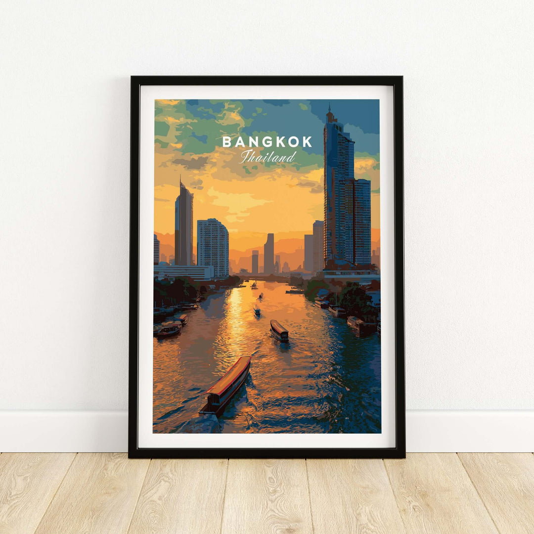 Bangkok Thailand river boats skyline print featuring sunset on the Chao Phraya River.