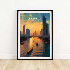 Bangkok Thailand River Boats Skyline Print - Chao Phraya Sunset Poster featuring a vibrant sunset over the Chao Phraya River.