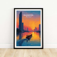 Bangkok Sunset Poster Thailand Longtail Boat - River City Skyline Print