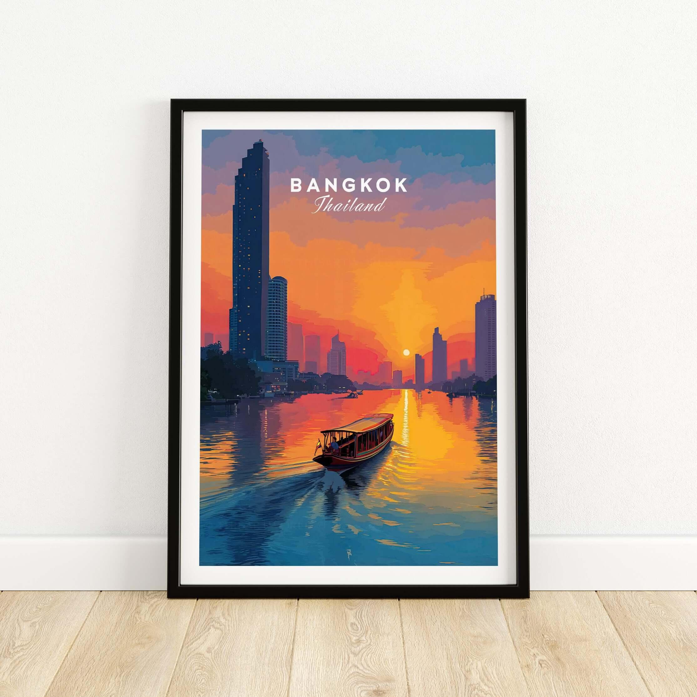 Bangkok Sunset Poster Thailand Longtail Boat - River City Skyline Print