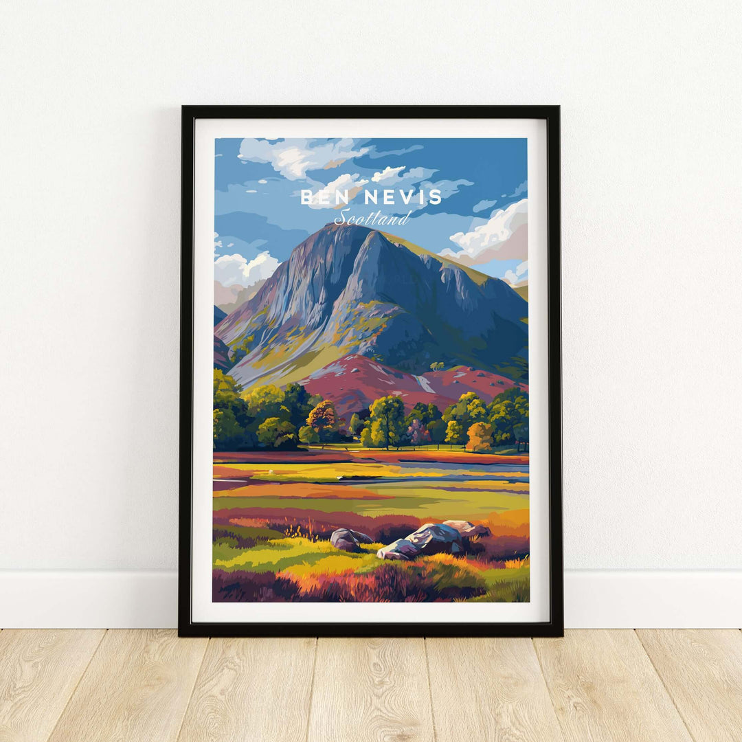 Ben Nevis Print featuring colorful valley and vibrant mountain scenery, ideal for home decor inspired by Scotland.