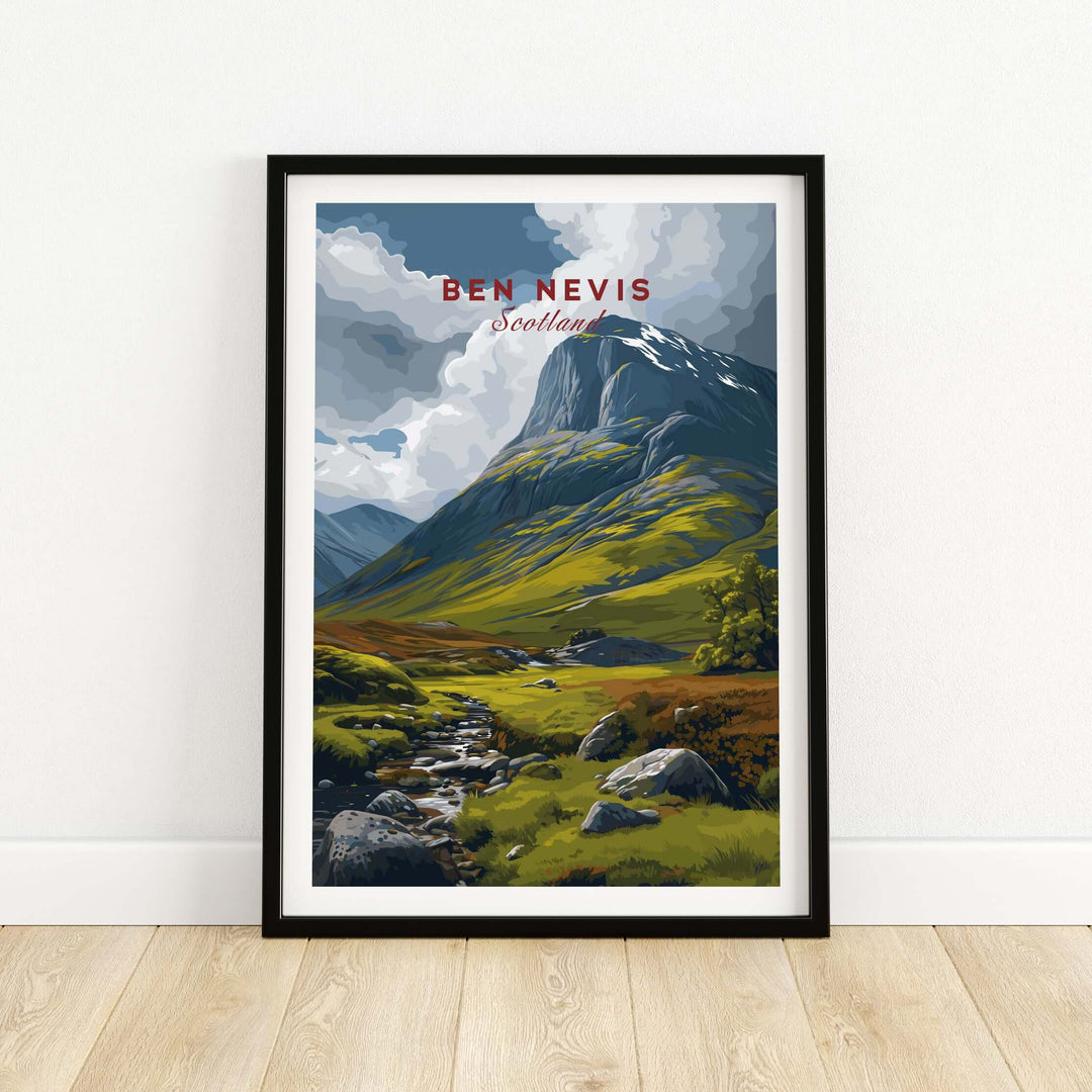 Ben Nevis Scotland art print featuring mountain and stream in a rugged Scottish landscape.