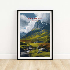 Ben Nevis Scotland Art Print Stream & Mountain - Rugged Scottish Landscape Poster featuring a scenic mountain view.