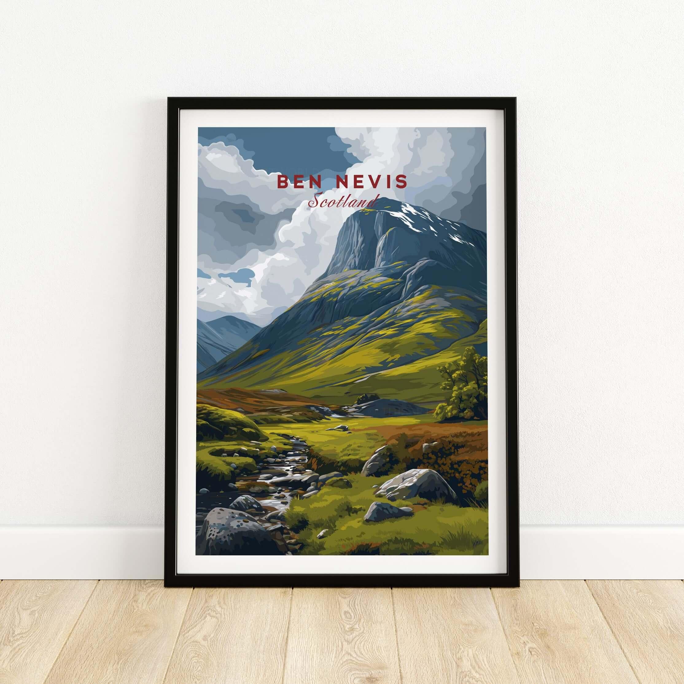 Ben Nevis Scotland Art Print Stream & Mountain - Rugged Scottish Landscape Poster featuring a scenic mountain view.