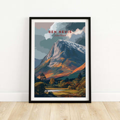 Ben Nevis Scotland Snow-Capped Mountain Poster - Dramatic Highland Wall Art in a framed display