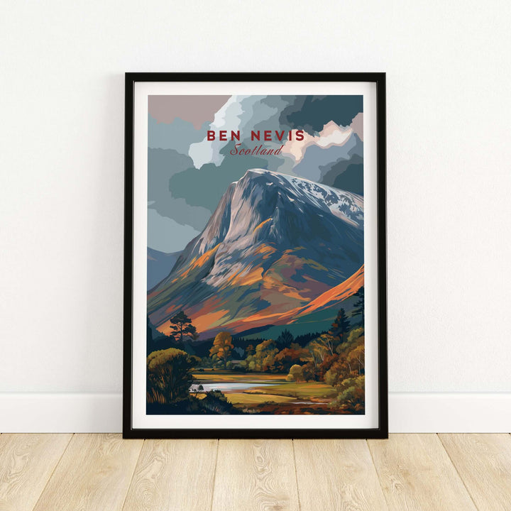 Ben Nevis poster featuring snow-capped mountain landscape in Scotland, framed wall art for home decor.