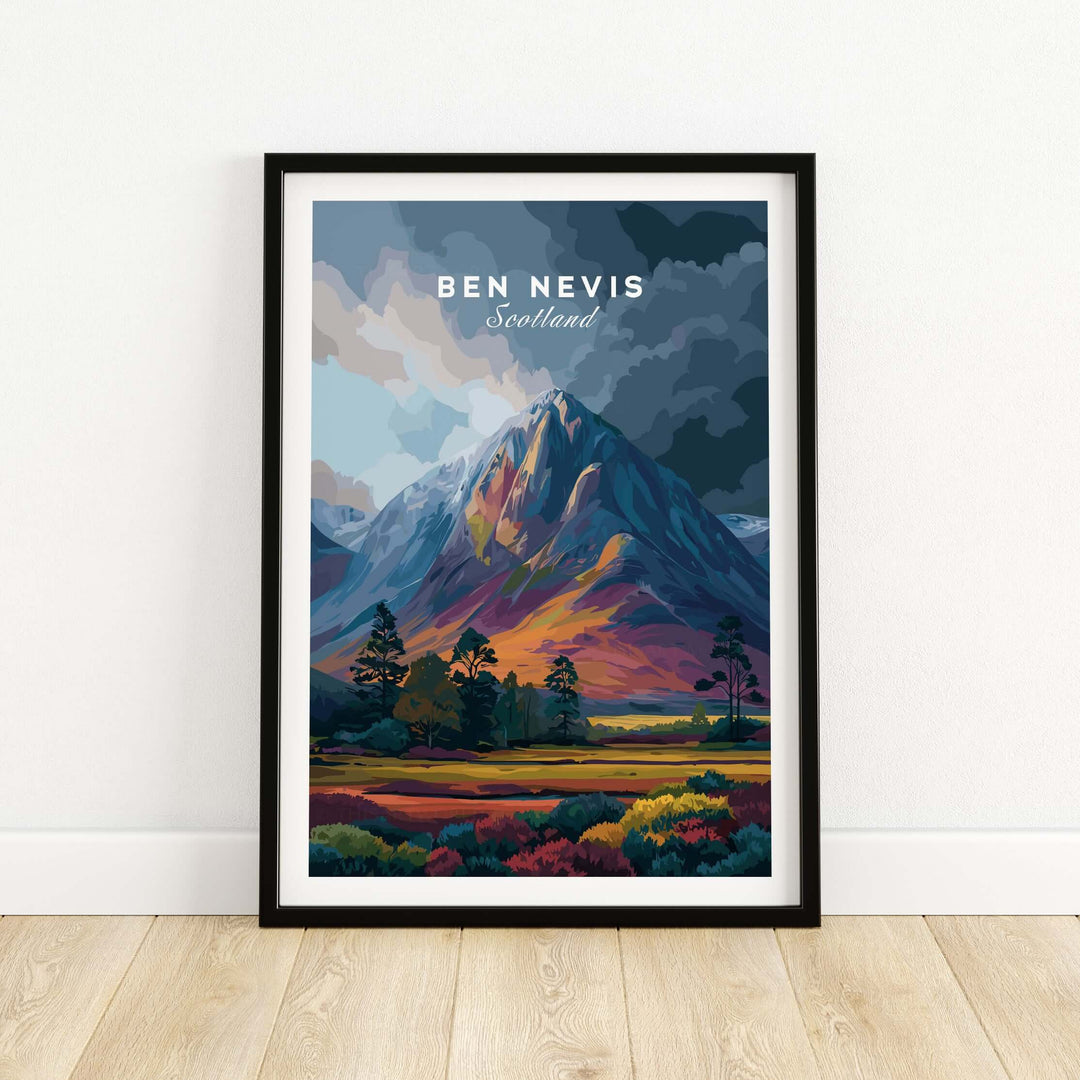 Ben Nevis art illustration print showcasing a colorful mountain landscape in Scotland, ideal for home decor.