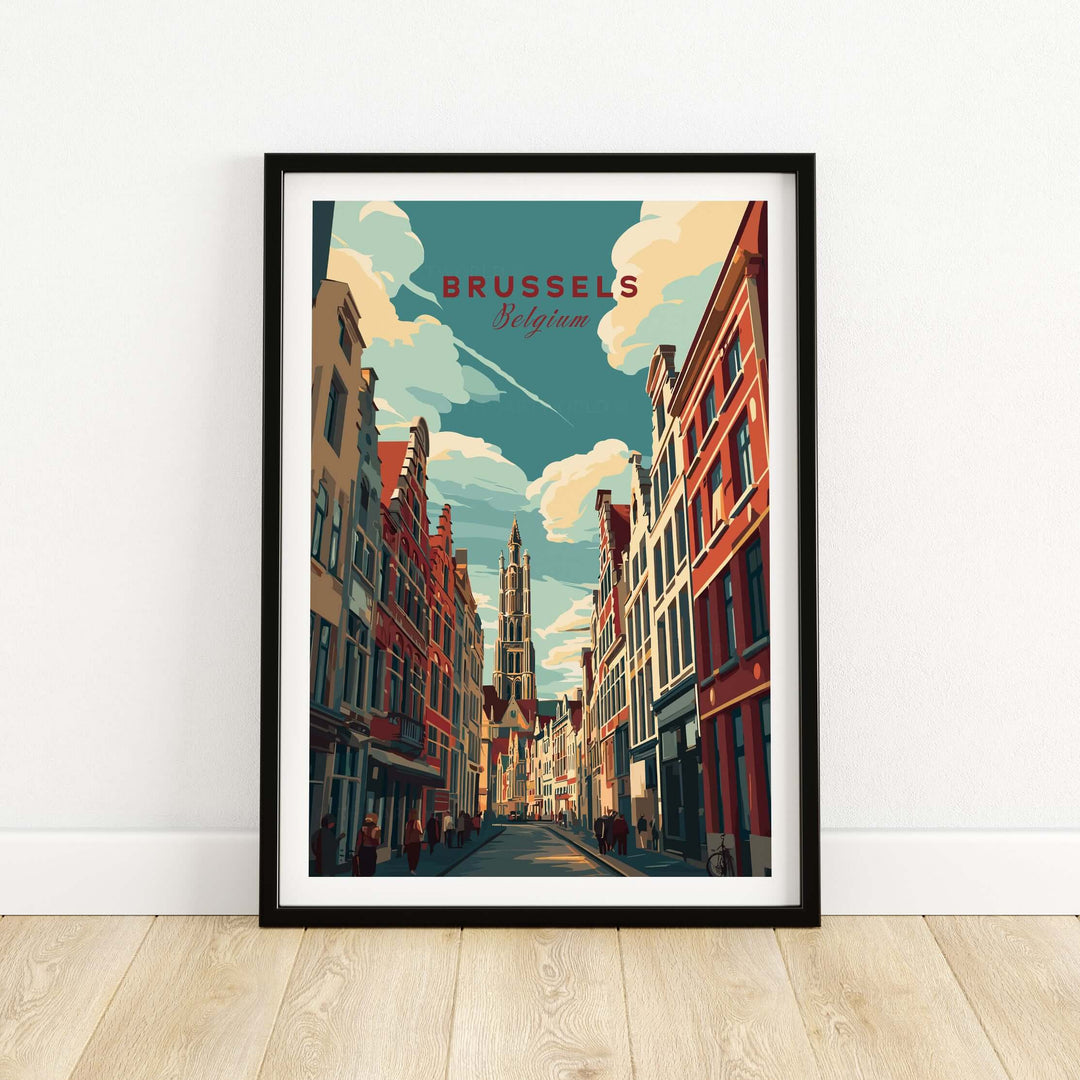 Brussels city poster featuring colorful buildings and a historic tower in a vibrant street scene.