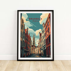 Brussels Belgium Grand Place Street Art - Historic European City Poster in framed display on wooden floor.