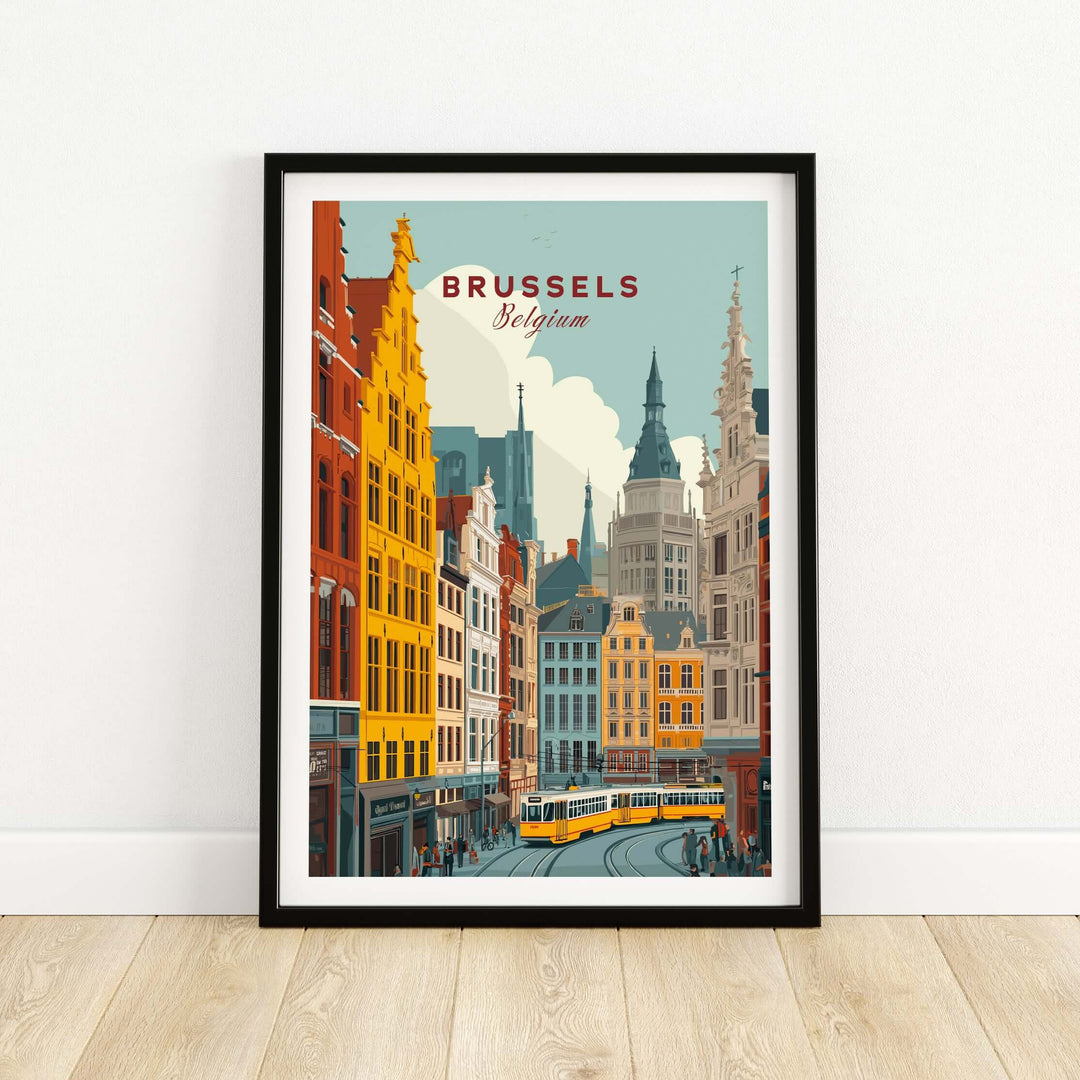 Vibrant Brussels tram cityscape poster showcasing colorful buildings and historic architecture.