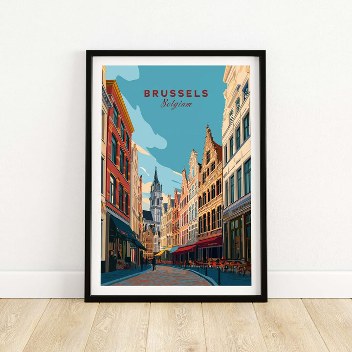 Brussels Belgium Old Town poster featuring historic architecture and charming streets in vibrant colors.